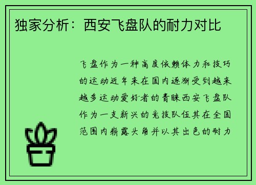 独家分析：西安飞盘队的耐力对比