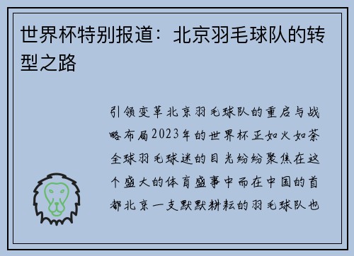 世界杯特别报道：北京羽毛球队的转型之路